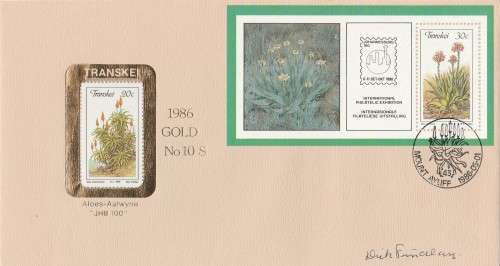 Transkei First Day Fabrics gold cover No 109/150 signed by Dick Findley as scans