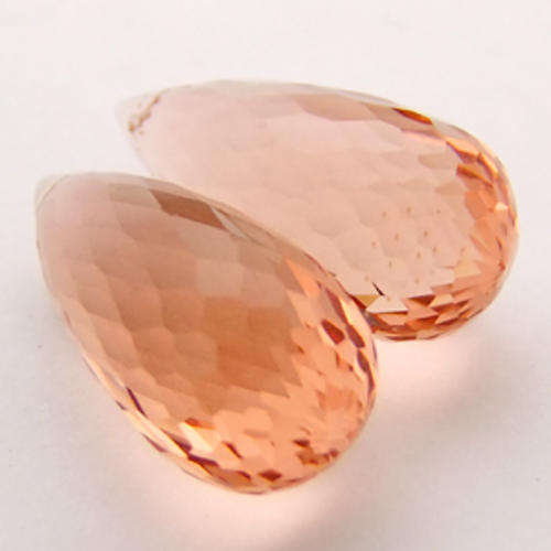 PERFECT PAIR!! 29.70 ct SALMON PINK BRIOLETTE (DRILLED) MORGANITE GEMSTONE