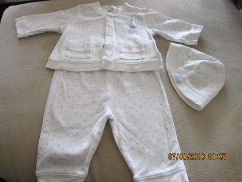 3 piece Peter Rabbit outfit from UK in sparkling white with pale blue spots.Size 0-3 months