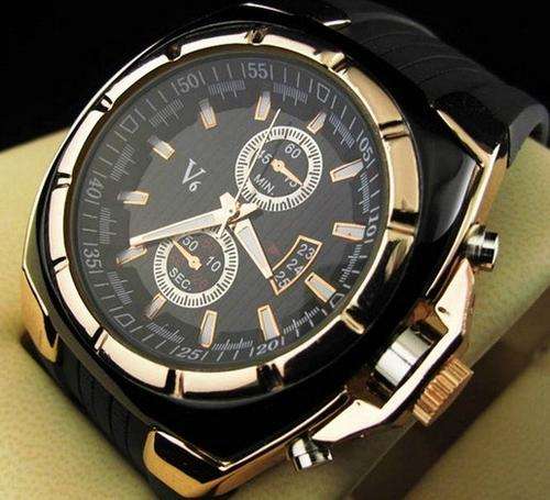 Elegant V6 Quartz Movement Wrist Watch -Black and Golden