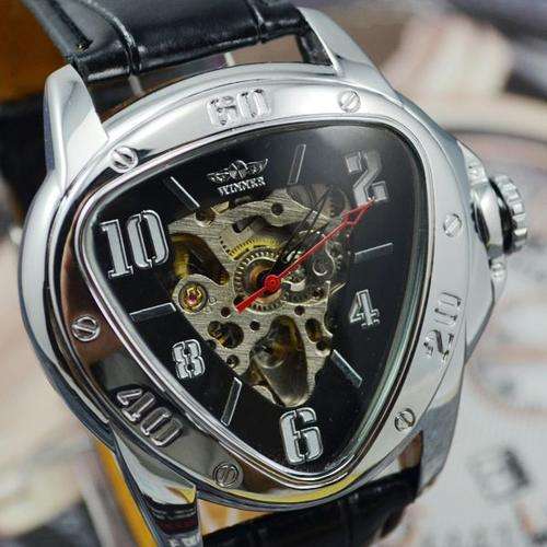 Winner Unique Design Black Inverted Triangle Skeleton Automatic Mechanical Wrist Watch