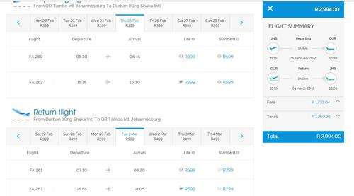 OR TAMBO TO DURBAN RETURN TICKETS FLYSAFAIR