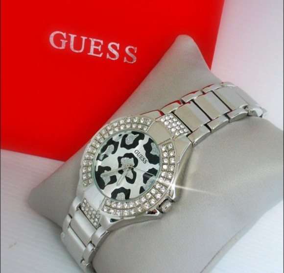 Brand New Guess Stainless Steel Ladies Leopard Face Watch Encrusted with Crystals