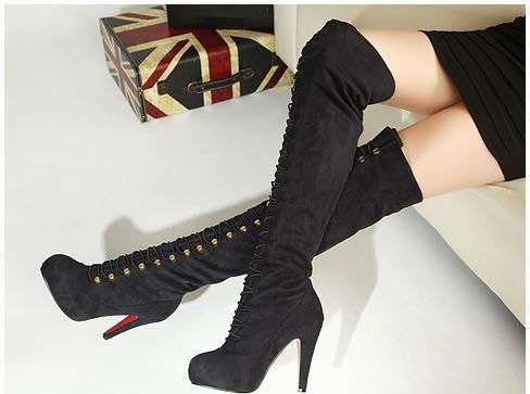 Faux Suede or Faux Leather Thigh High Eyelet hidden Platform Boots
