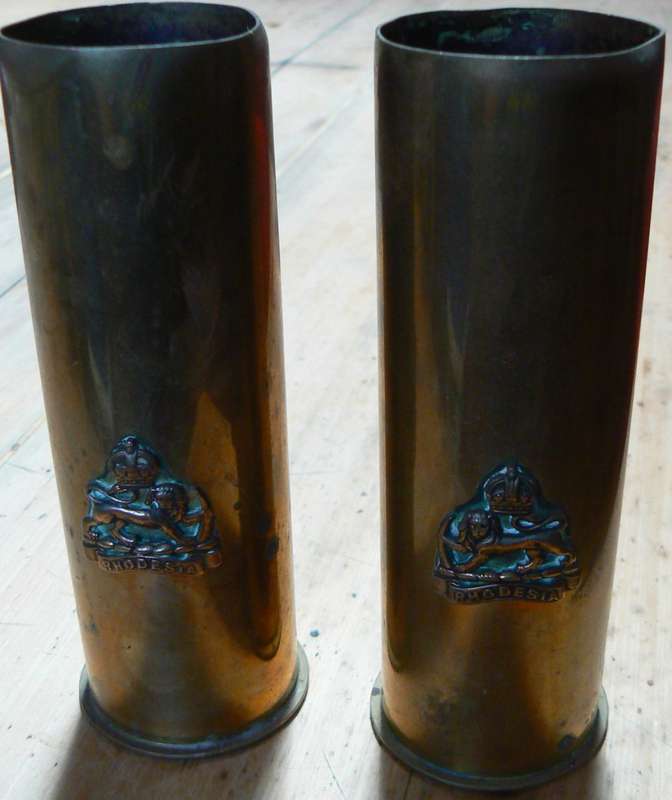 Pair of brass WW2 37mm M16 shell casings 1943, with Rhodesia insignia