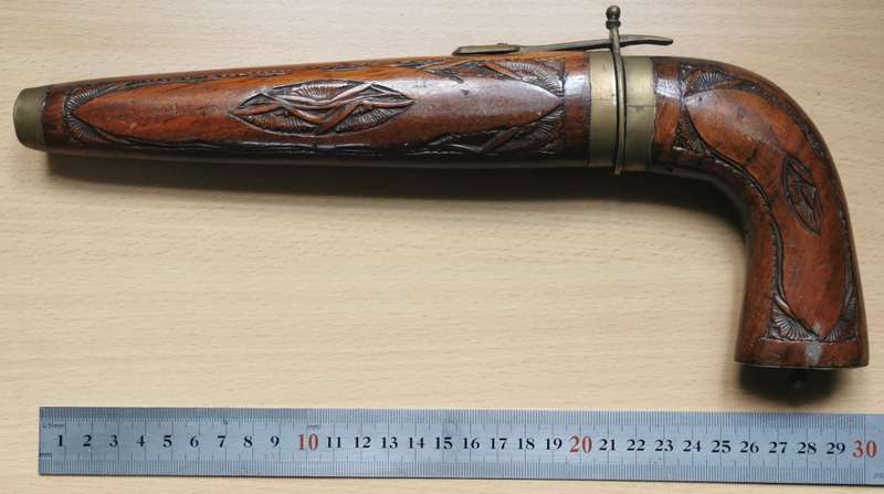 Pistol-grip hand-carved rosewood and brass knife, made in India