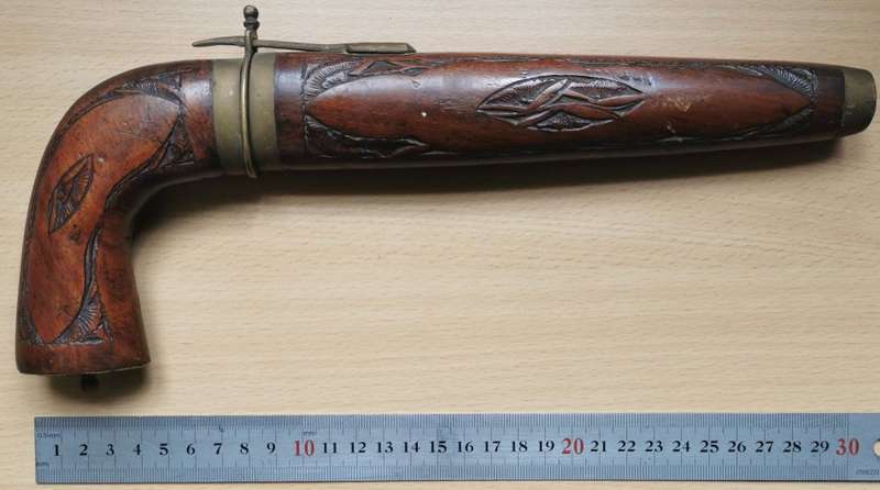 Pistol-grip hand-carved rosewood and brass knife, made in India