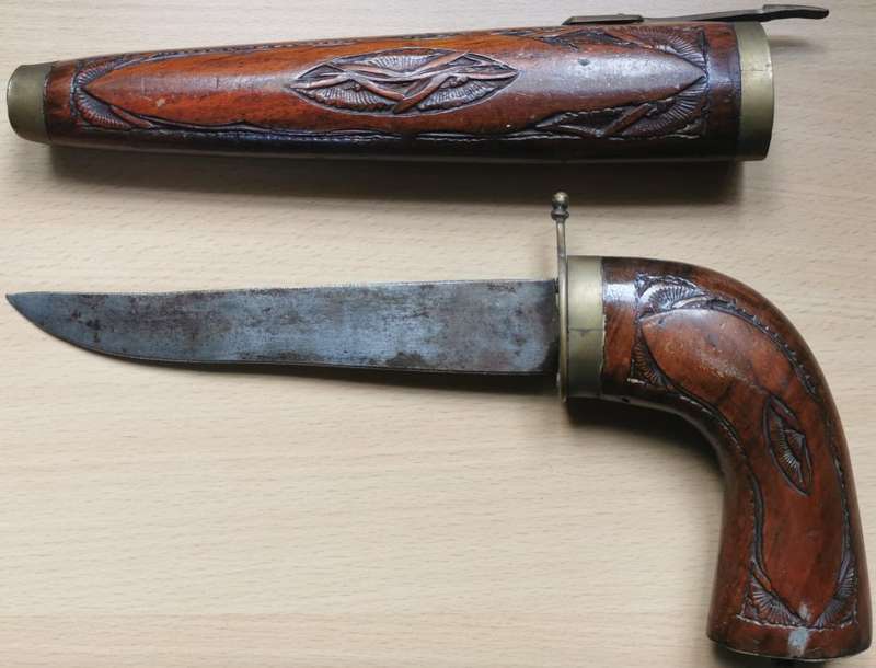 Pistol-grip hand-carved rosewood and brass knife, made in India