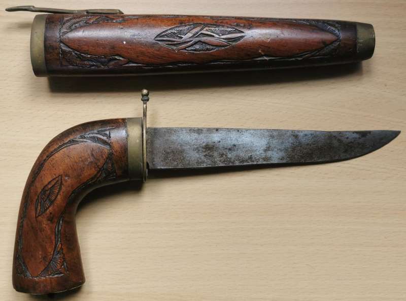 Pistol-grip hand-carved rosewood and brass knife, made in India