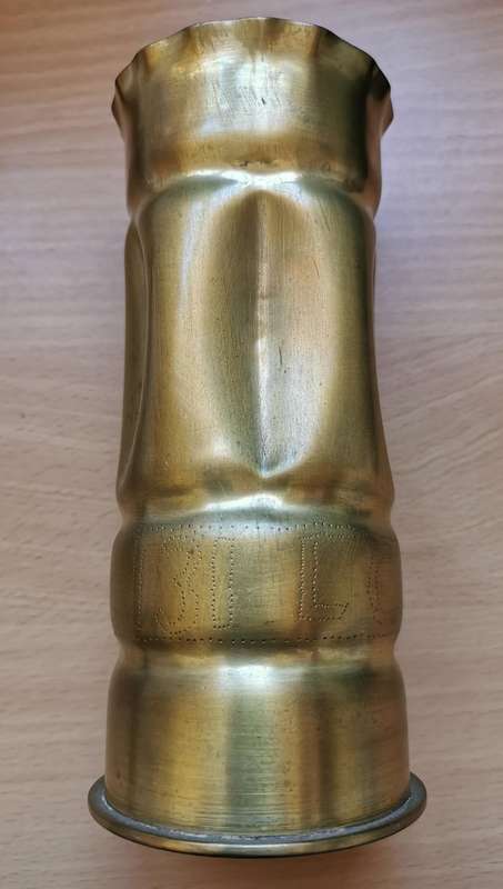 Unique WW1 personalised Cape Corps 1918 trench art on Italian 65/17 mountain gun shell