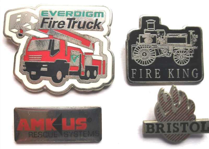 Excellent lot of 4 vintage fire services equipment lapel pin badges