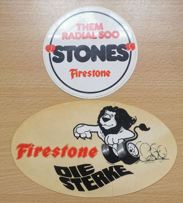 2 vintage Firestone Afrikaans and English advertising car decal stickers