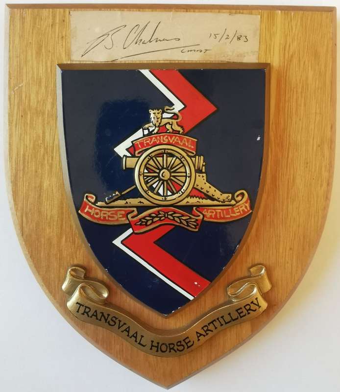 Transvaal Horse Artillery plaque, signed by Commandant Brent Chalmers 1983