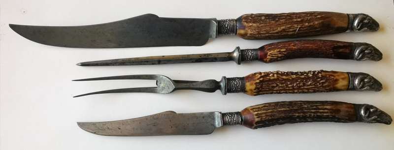Late 1800s 4-piece sterling silver carving set by Allen and Darwin of Sheffield, ram`s head