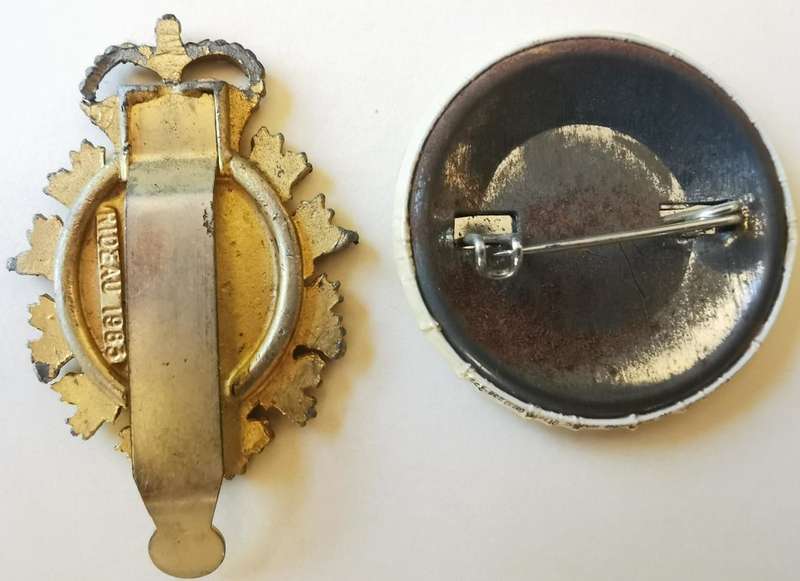 Vintage Canadian Military Tri-forces hat badge plus pinback button badge