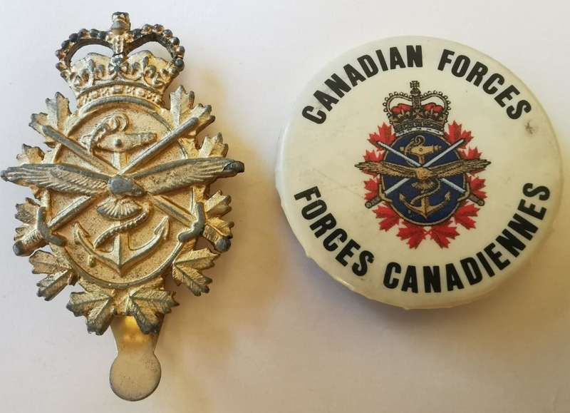 Vintage Canadian Military Tri-forces hat badge plus pinback button badge