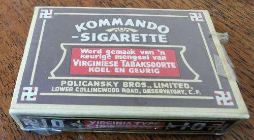 Rare full sealed packet of 10 Commando Kommando cigarettes by Policansky Brothers, Cape Town