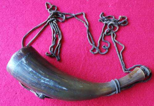 WW2-era antique powder horn engraved E. Africa ISIOLO 1940