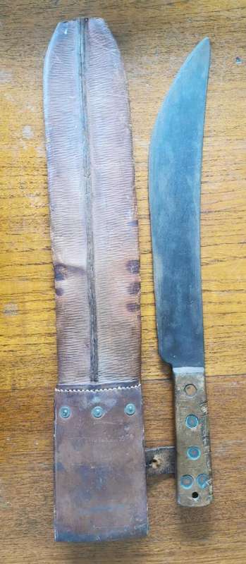 Well-used old police machete in Jabez Cliff of Walsall leather sheath 1934