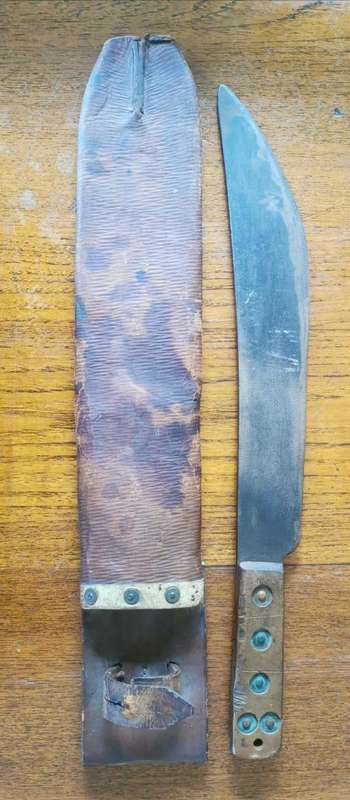 Well-used old police machete in Jabez Cliff of Walsall leather sheath 1934