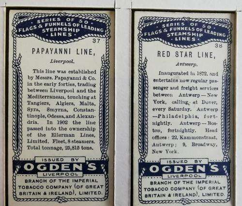 Ogden`s Cigarette Cards Flags and Funnels of Leading Steamship Lines 1906 full set of 50 - CV R4 000