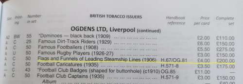 Ogden`s Cigarette Cards Flags and Funnels of Leading Steamship Lines 1906 full set of 50 - CV R4 000