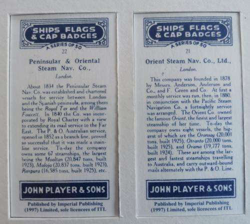 Full set of 50 John Player Cigarette Cards Ships` Flags and Cap Badges 1997 reprint - framed