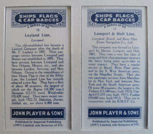 Full set of 50 John Player Cigarette Cards Ships` Flags and Cap Badges 1997 reprint - framed