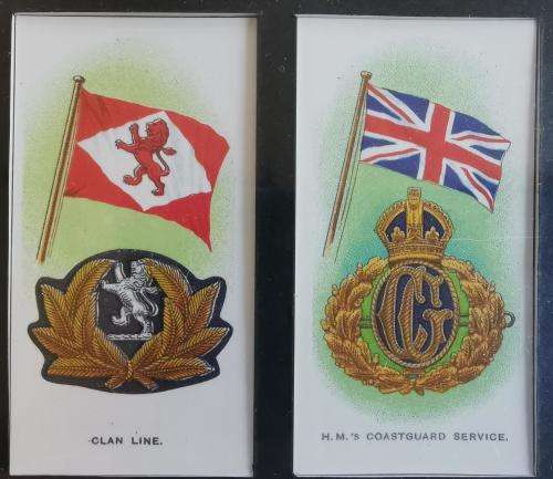 Full set of 50 John Player Cigarette Cards Ships` Flags and Cap Badges 1997 reprint - framed