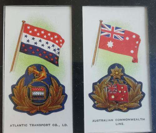 Full set of 50 John Player Cigarette Cards Ships` Flags and Cap Badges 1997 reprint - framed