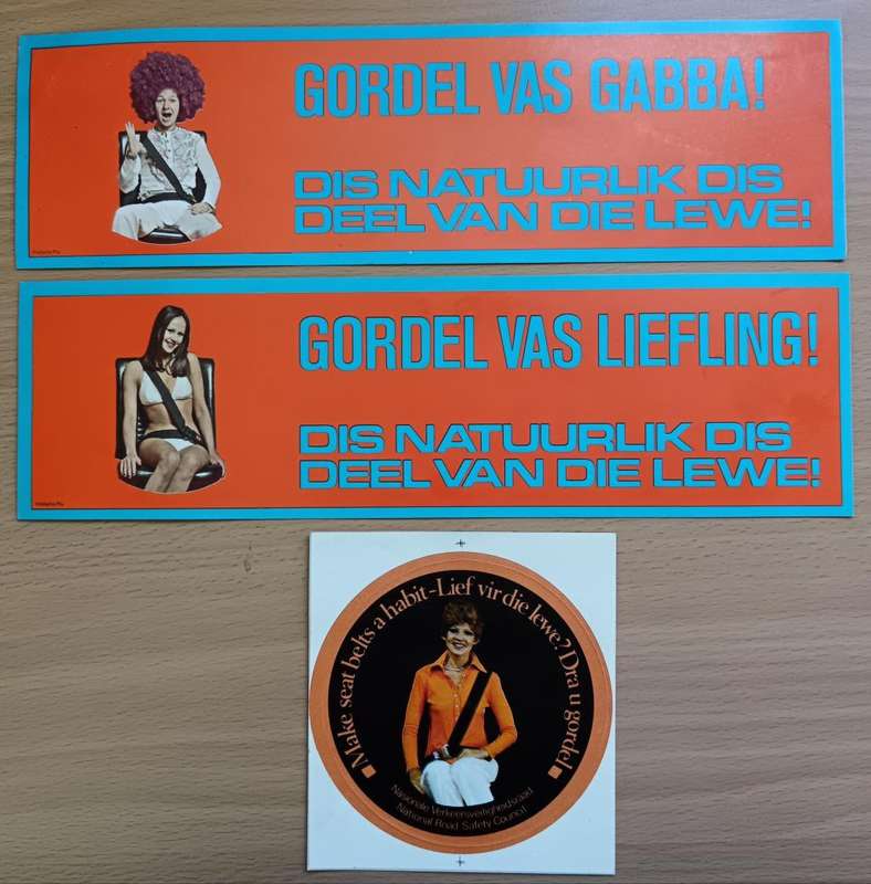 Great pair of vintage Afrikaans road safety bumper stickers + bilingual car disk sticker - 2 of 2