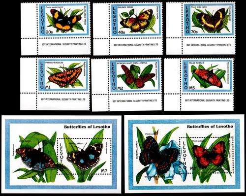 Lesotho set of 6 mint stamps Butterflies 1993 + FREE SOUVENIR SHEET - bid per stamp to take all