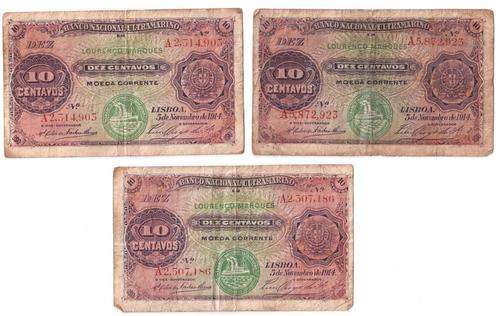 Mozambique 10 Centavos 1914, 3 notes, bid per note to take all