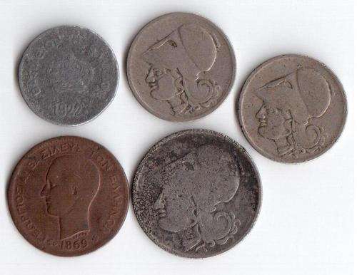 5 old Greek coins 1869 to 1926, as per scan