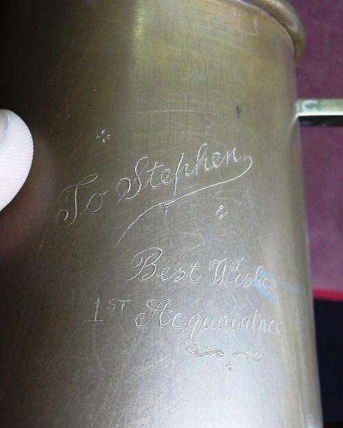 Copper beer mug - engraved 'To Stephen Best wishes 1st acquaintace'