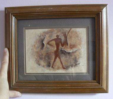 Oil on canvas of bushman etching by Smallberger, framed behind glass