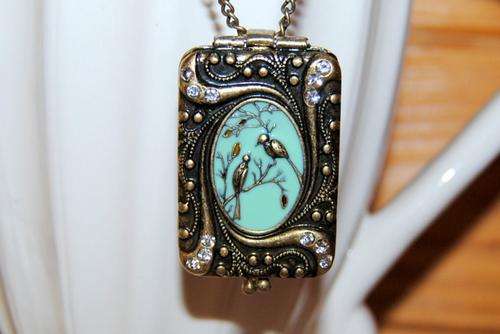 Vintage Style Two Birds Enamel Locket Necklace