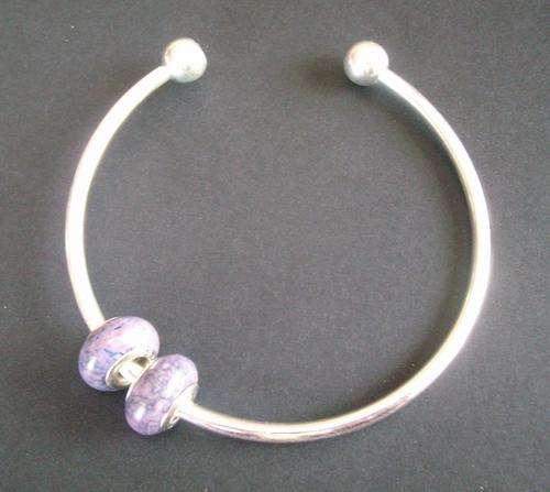 Silver Plated Bangle + 2 Purple Murano Beads