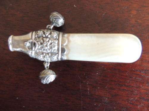 HALLMARKED SILVER & MOTHER OF PEARL BABY RATTLE WITH WHISTLE - BIRMINGHAM 1896