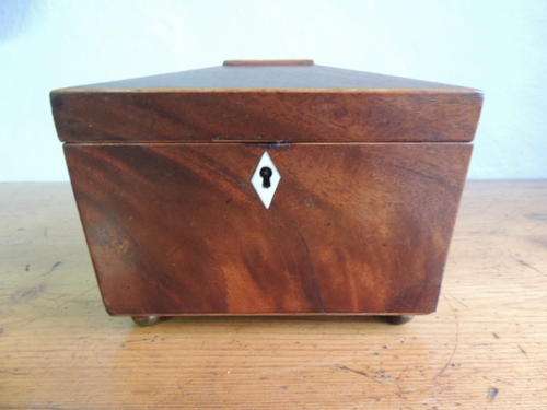 FLAME MAHOGANY TEA CADDY - SARCOPHAGUS SHAPE - CLEARANCE SALE !!!