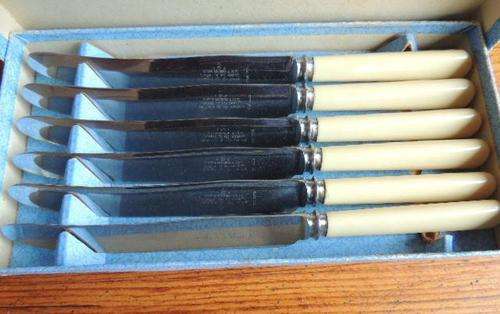 BOXED SET OF (6) BONE HANDLE TABLE KNIVES - "JOSEPH ROGERS"