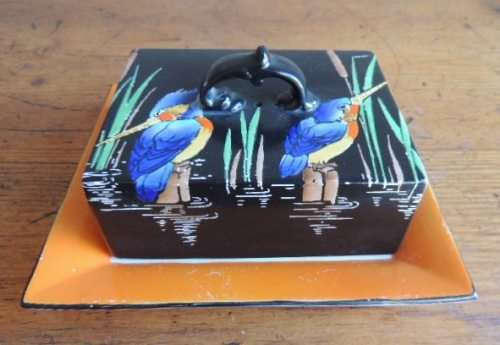 SHELLEY HAND PAINTED BUTTER DISH - KINGFISHERS - reduced for Christiane only