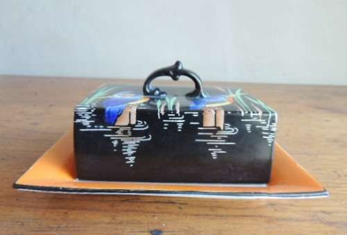 SHELLEY HAND PAINTED BUTTER DISH - KINGFISHERS - reduced for Christiane only