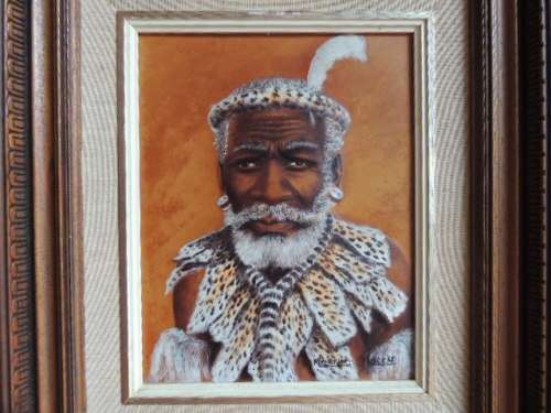 MIZRAIM MASEKO - OIL PAINTING ON HAND TOOLED LEATHER - ZULU INDUNA"