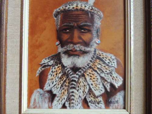 MIZRAIM MASEKO - OIL PAINTING ON HAND TOOLED LEATHER - ZULU INDUNA"