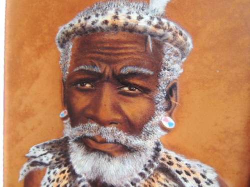 MIZRAIM MASEKO - OIL PAINTING ON HAND TOOLED LEATHER - ZULU INDUNA"