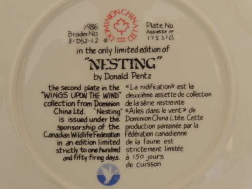 DOMINION CHINA LTD ONTARIA CANADA PLATE - "NESTING" - BOXED WITH COA