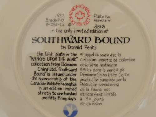 DOMINION CHINA LTD ONTARIA CANADA PLATE - "SOUTHWARD BOUND" - BOXED WITH COA