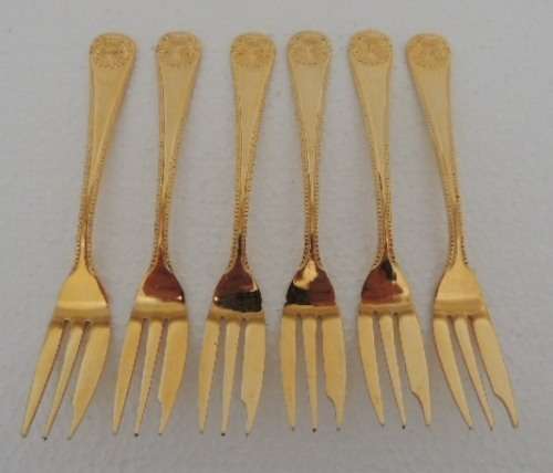 SET OF 6 EETRITE 24 CARAT GOLD PLATED CAKE FORKS - SHELLEY DESIGN