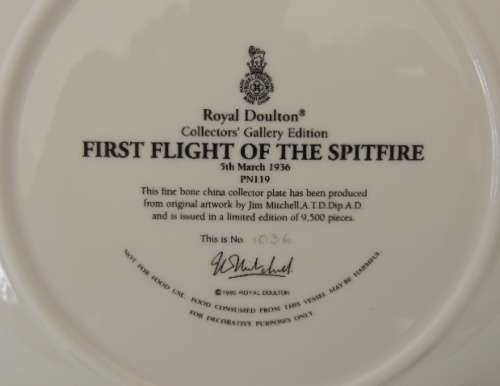 ROYAL DOULTON HEROES OF THE SKY PLATE - "FIRST FLIGHT OF THE SPITFIRE" with COA